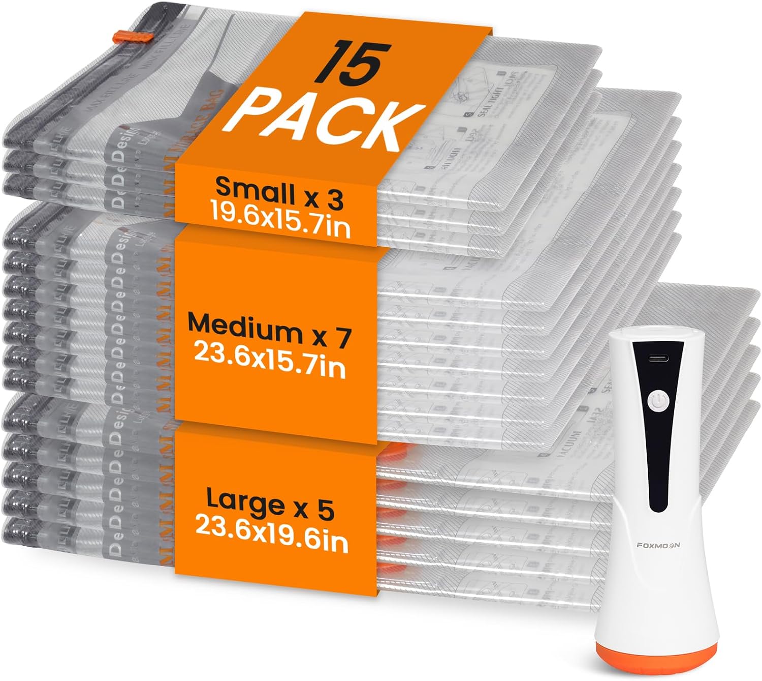 15 Pack Vacuum Compression Storage Bags with Rechargeable Cordless Pump