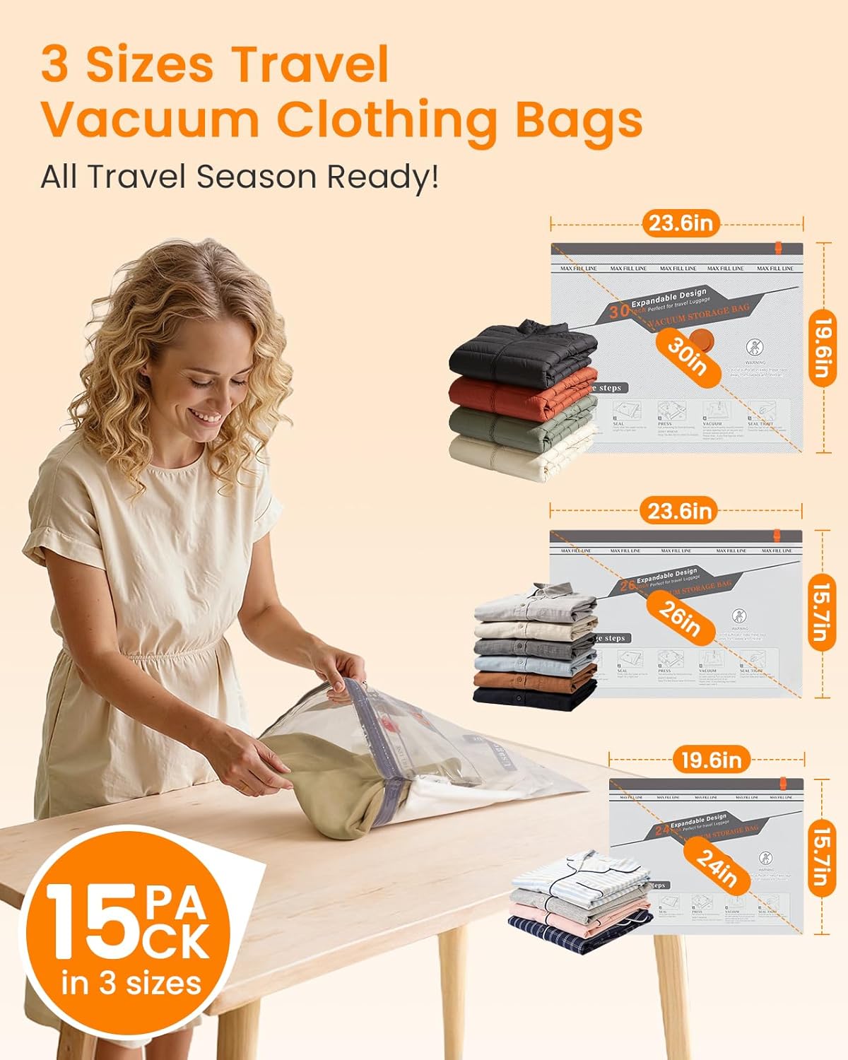 15 Pack Vacuum Compression Storage Bags with Rechargeable Cordless Pump