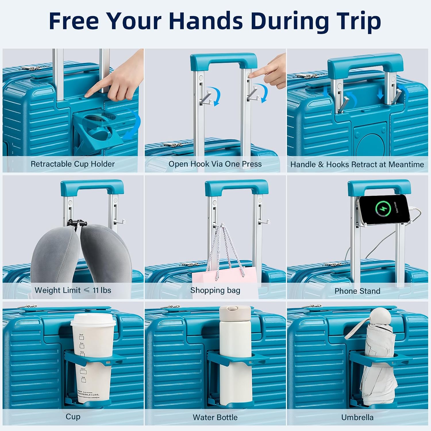 20 Inch Hardside Carry On Suitcase with USB and Type C Charging Port, 40L, Caribbean Blue