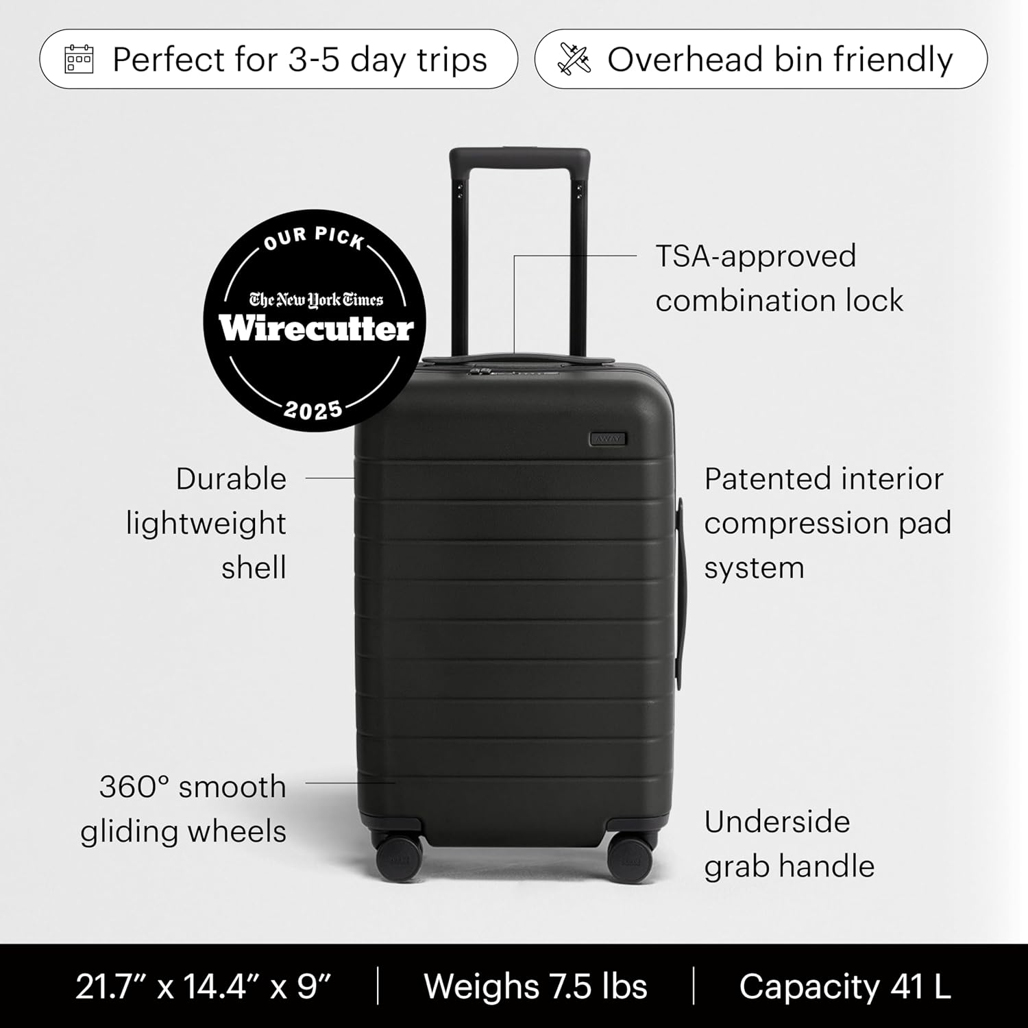 22 Inch Hardside Spinner Carry On Suitcase with Compression System, Jet Black