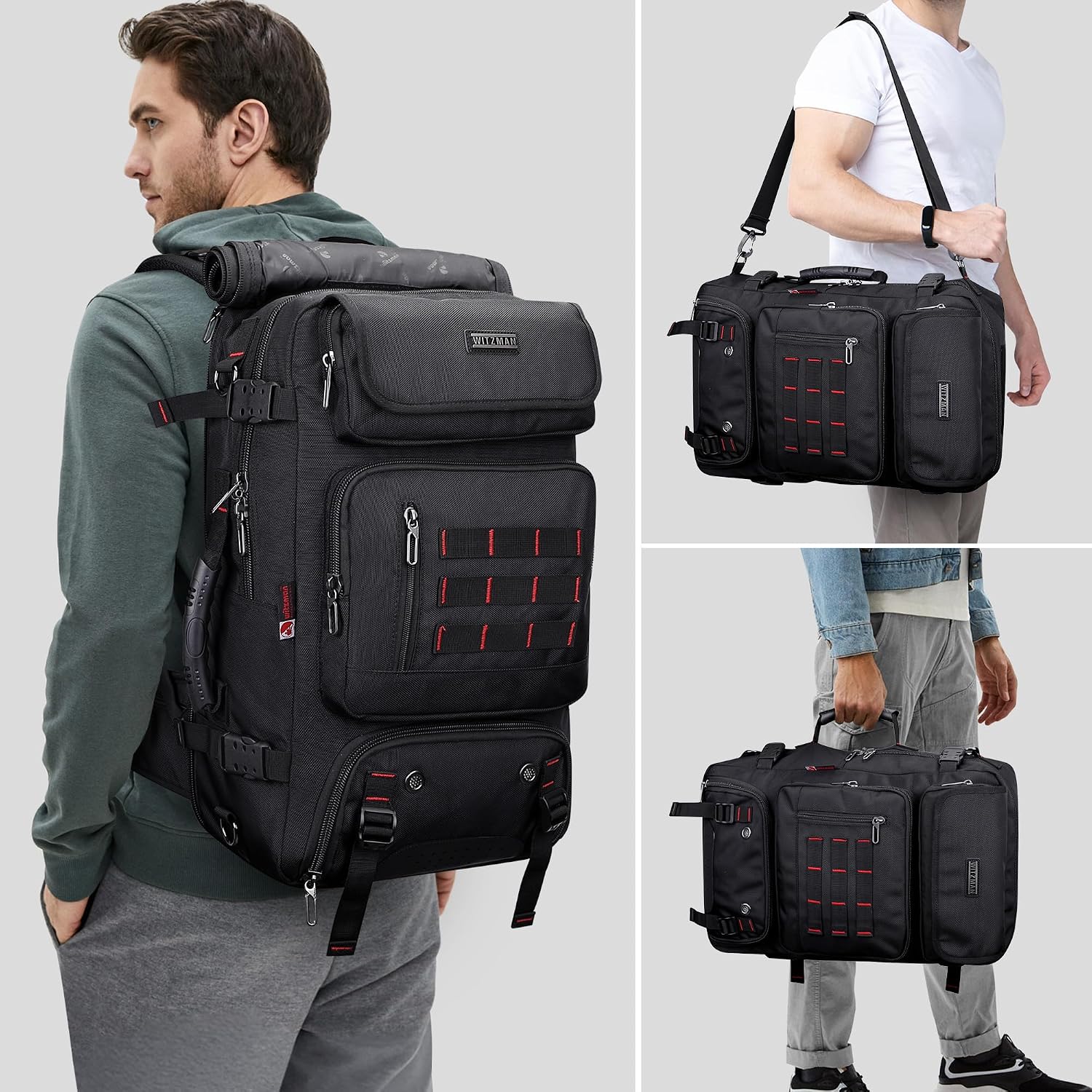 3 in 1 Carry On Travel Backpack and Duffle with 16 Inch Laptop Sleeve and USB Port, Black