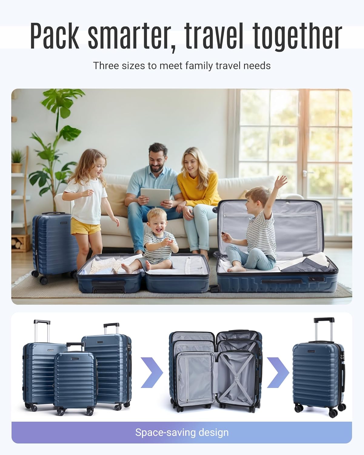 3 Piece Hard Shell Luggage Set with Spinner Wheels, 20, 24 and 28 Inch, Royal Blue