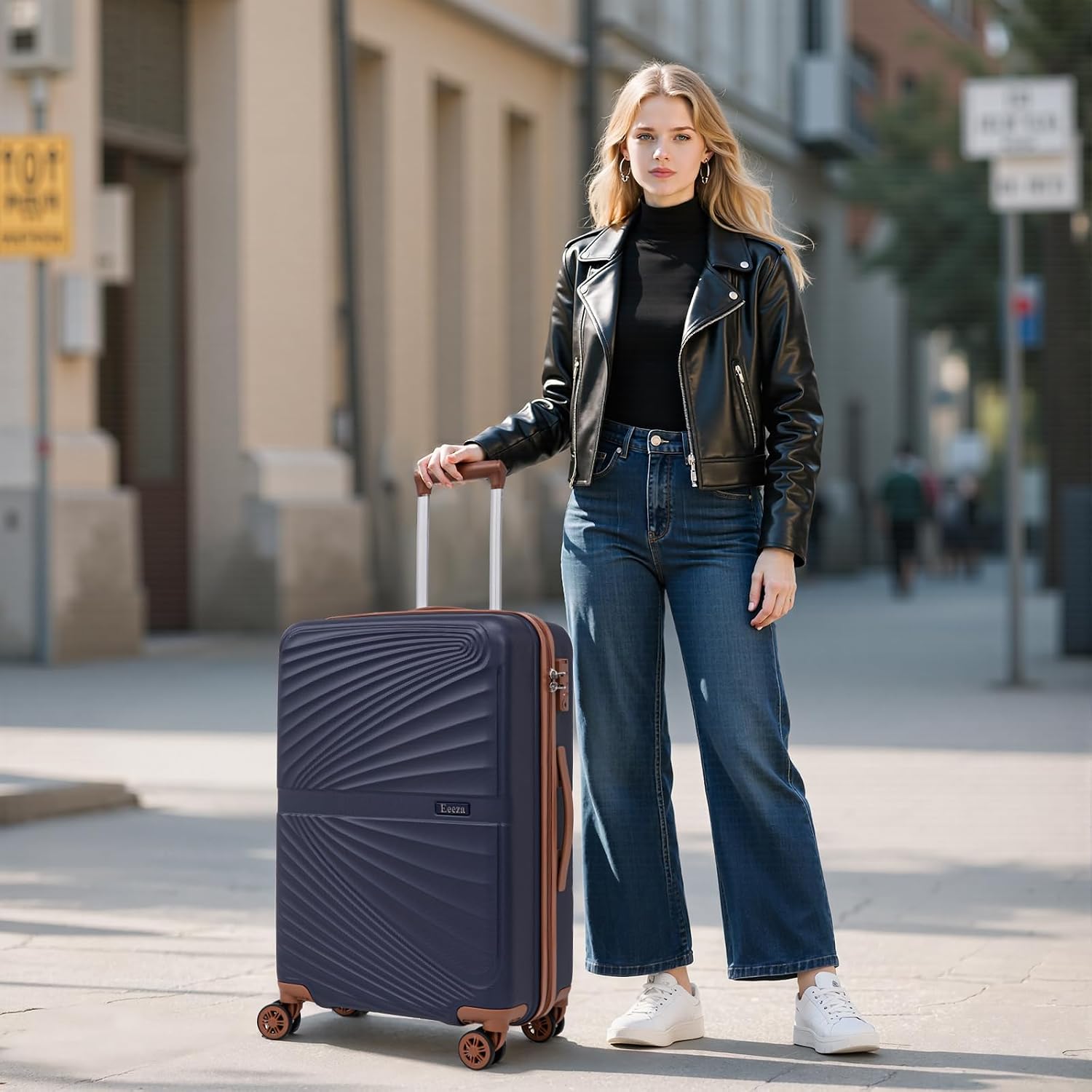 5 Piece Hardside Suitcase Set with TSA Lock and Spinner Wheels, 20, 24 and 28 Inch, Navy
