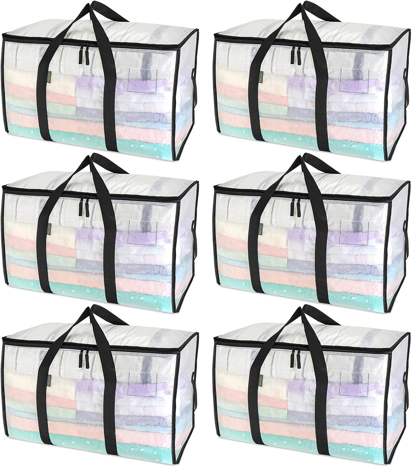 6 Pack Oversized Storage Bags with Reinforced Handles, Clear