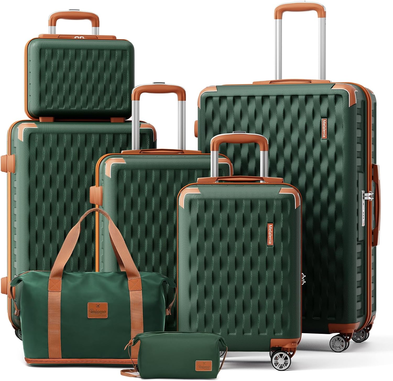 7 Piece Hard Shell Suitcase Set with Spinner Wheels and TSA Lock, Green and Brown