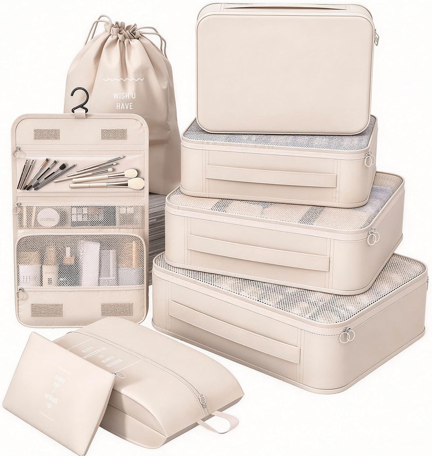 8 Set Packing Cubes for Luggage with Shoe Bag and Hanging Toiletry Bag, Cream