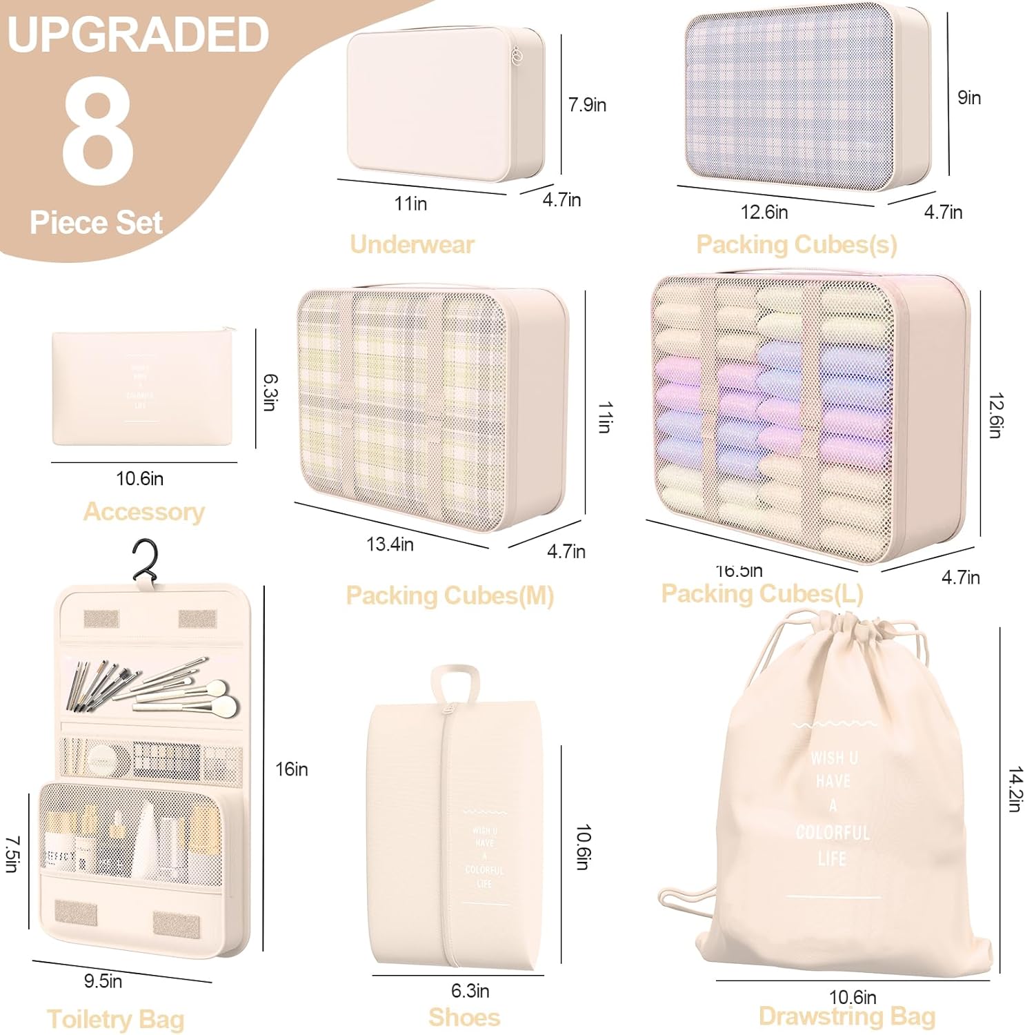 8 Set Packing Cubes for Luggage with Shoe Bag and Hanging Toiletry Bag, Cream