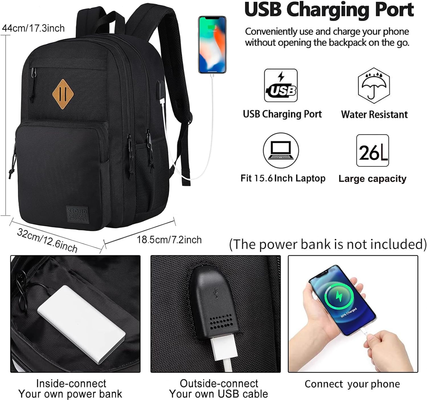 Anti Theft Travel Backpack with USB Charging Port and Luggage Strap, Black