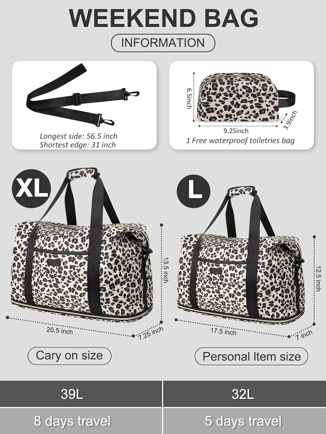 Expandable Travel Duffle Bag, 32L to 43L, Waterproof, with Toiletry Bag